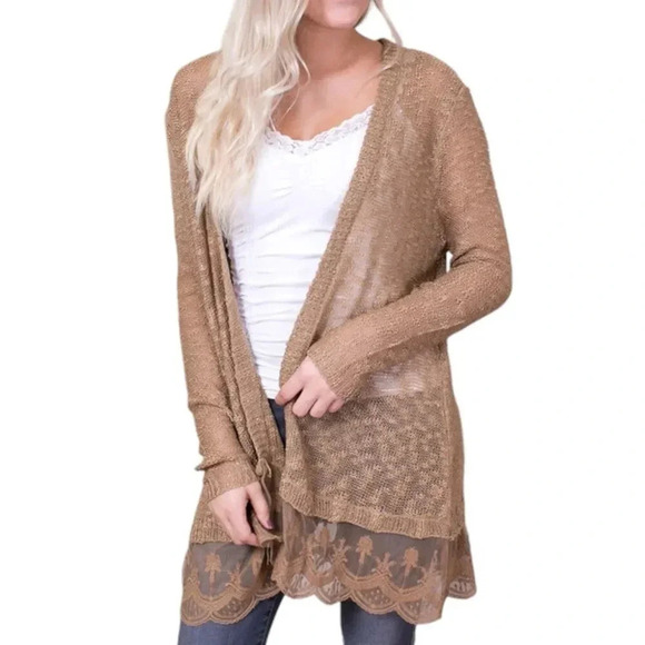 Umgee USA Mocha Lace Trim Open Front Cardigan Sweater M - Picture 1 of 5